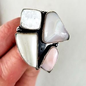 New White Jade, Pearl, Agate 925 Silver Statement Ring.